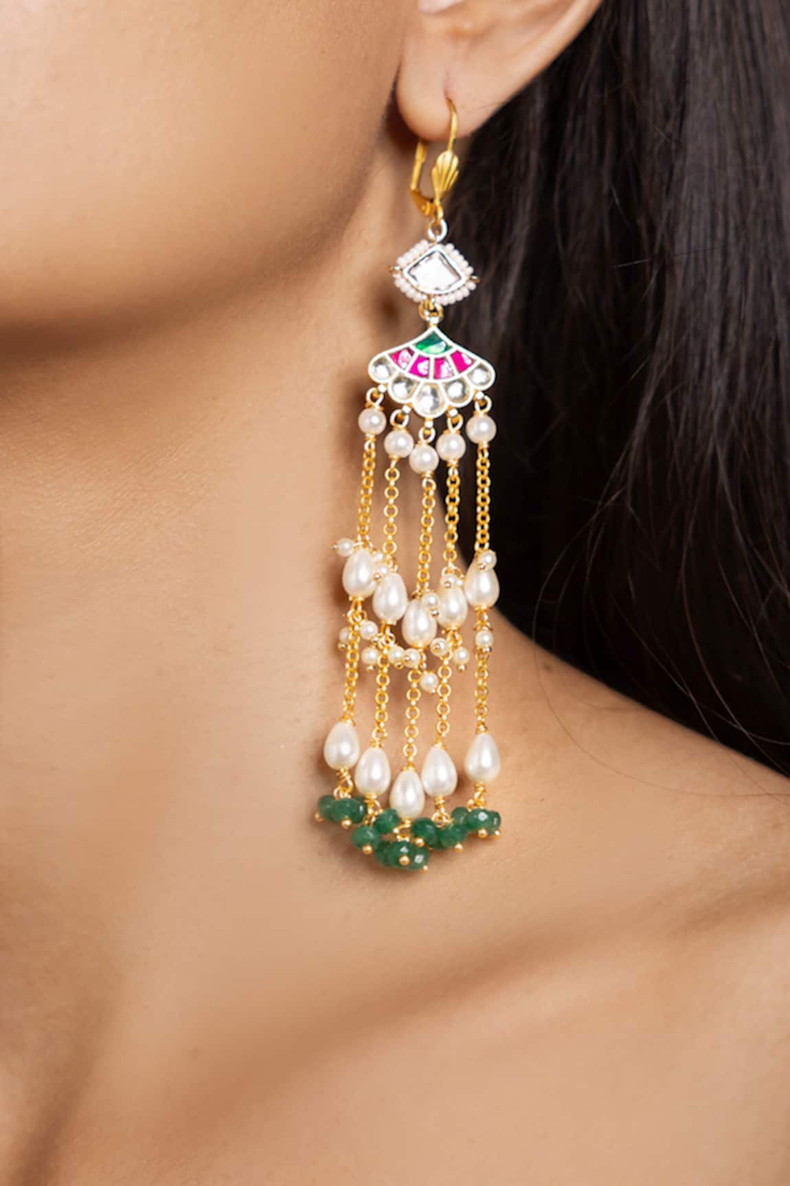 joules by radhika Vibrant Stone Studded Pearl Tassel Earrings
