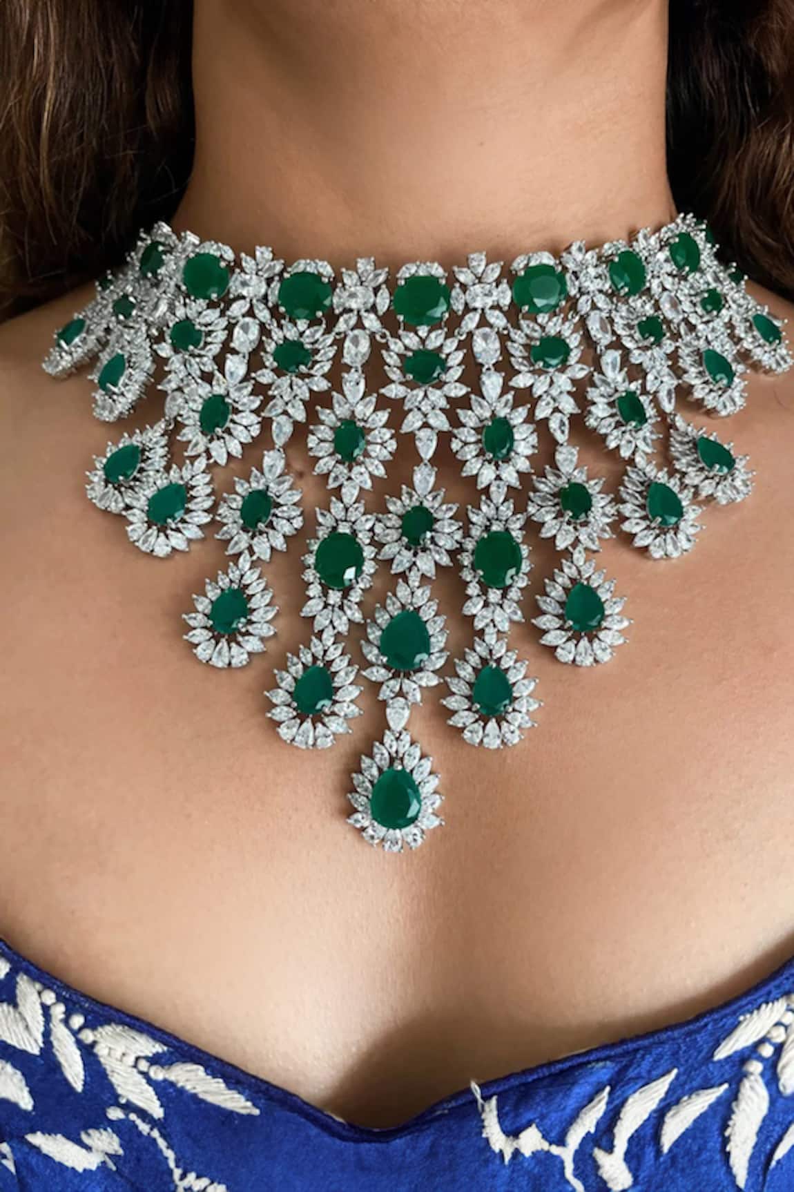 PRERTO Mary Emerald Teardrop & Square Diamond Embellished Necklace Set