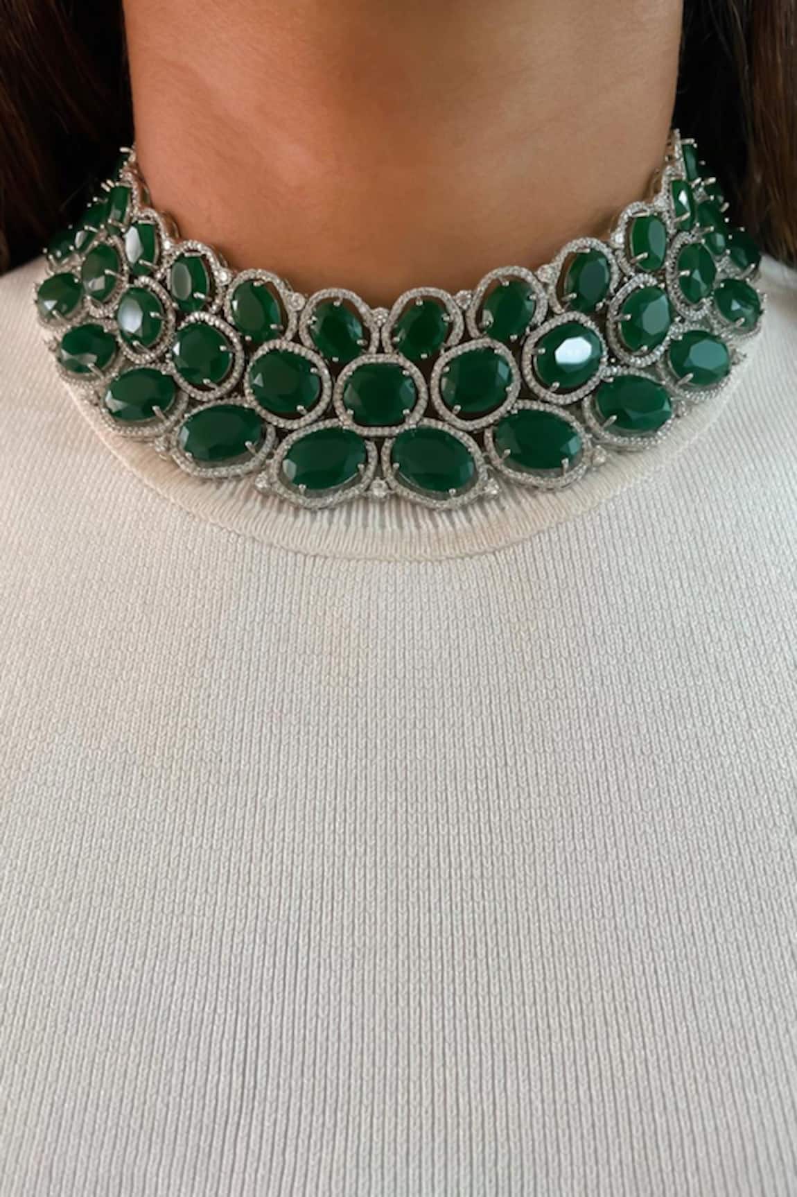 PRERTO Three Layered Floret Emerald Stone Embellished Necklace Set