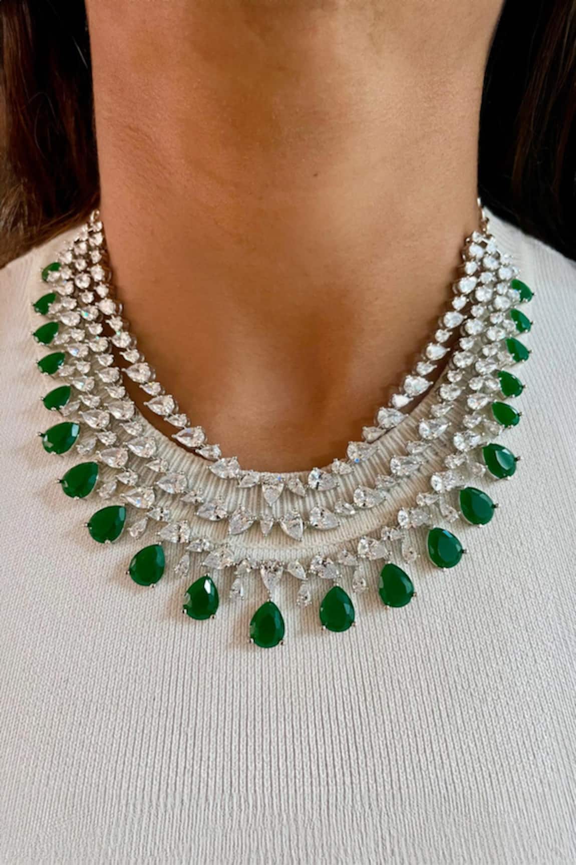 PRERTO 3 Layered Emerald Teardrop Stone Embellished Necklace Set
