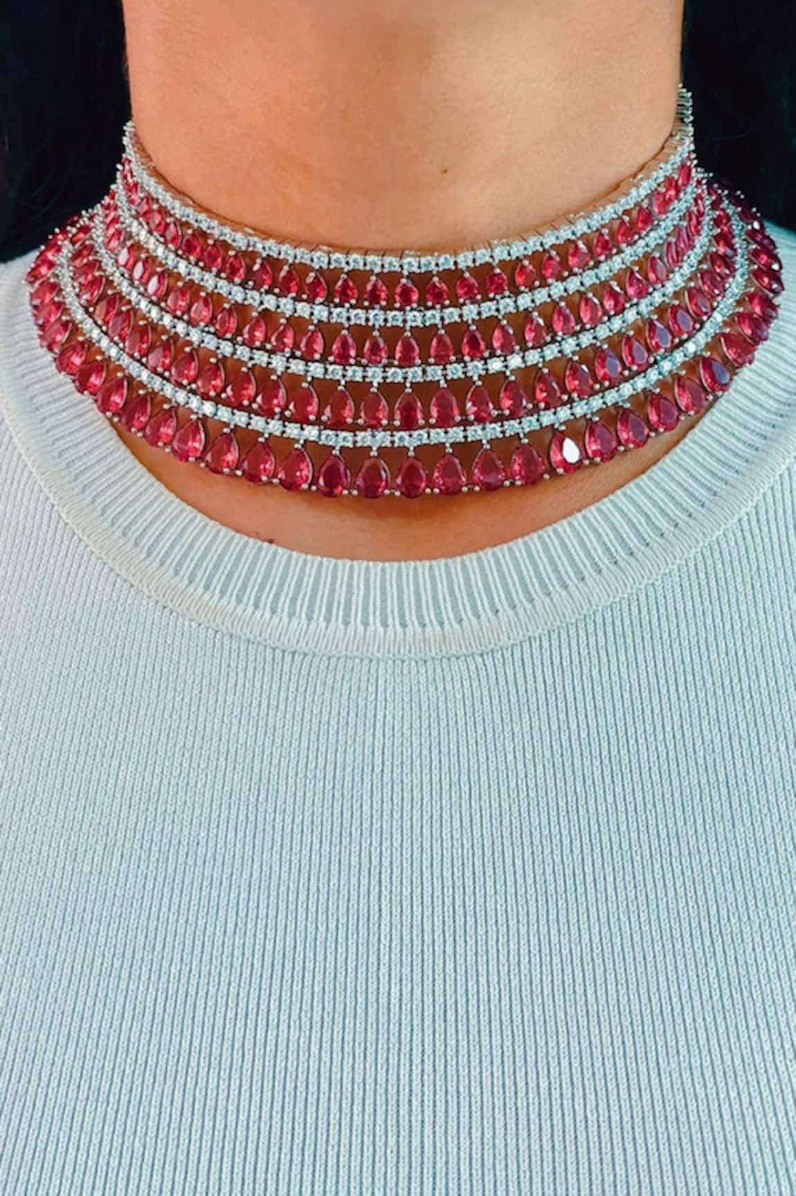 Prerto Ruby & Diamond Stone Embellished Necklace Set 