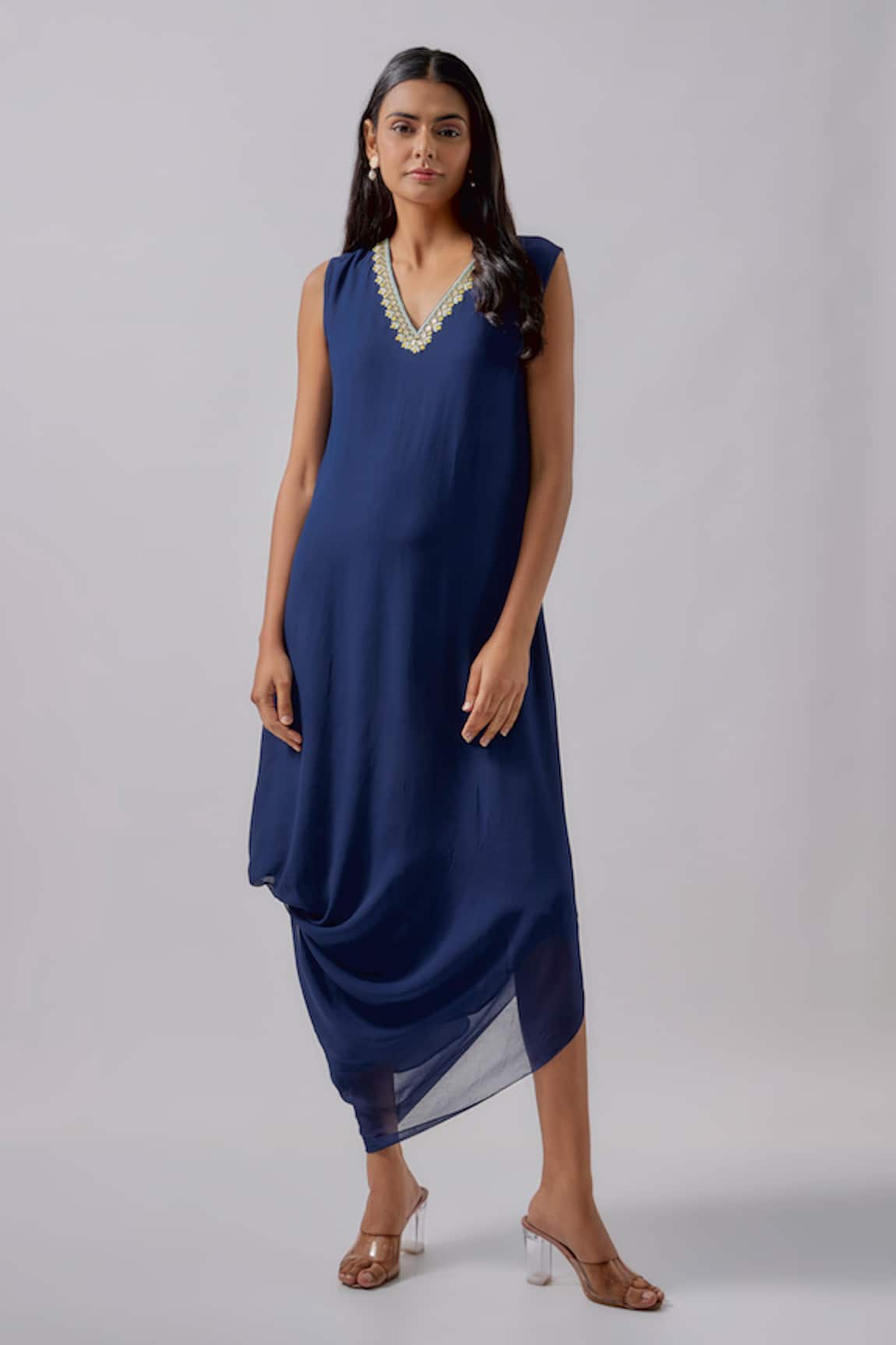 Blue Lotus Design Embroidered Neckline Cowl Dress 