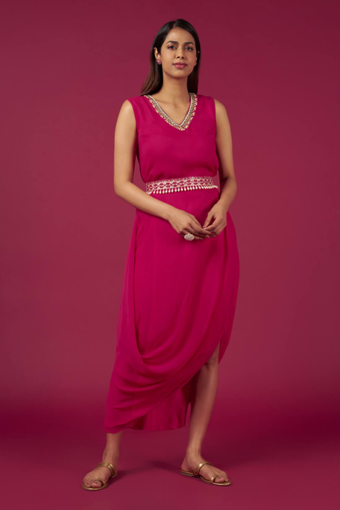 Blue Lotus Design Embroidered Neckline Cowl Dress