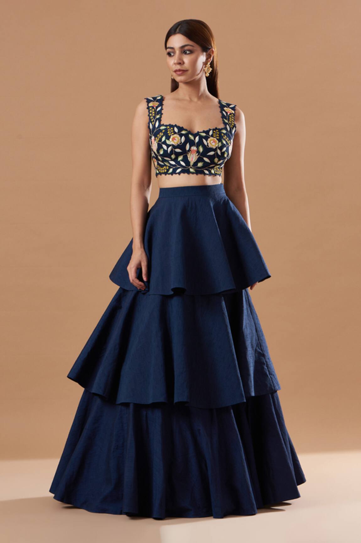 Blue Lotus Design Embroidered Blouse & Lehenga Set