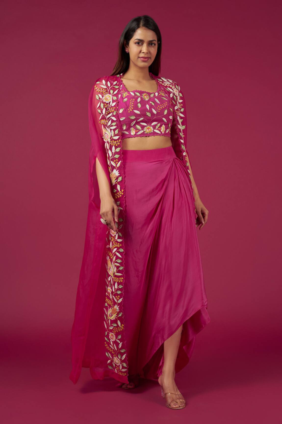 Blue Lotus Design Embroidered Cape Dhoti Skirt Set