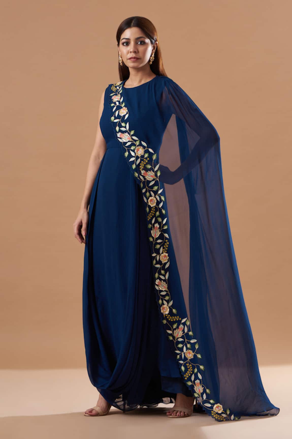 Blue Lotus Design Floral Embroidered Draped Dress