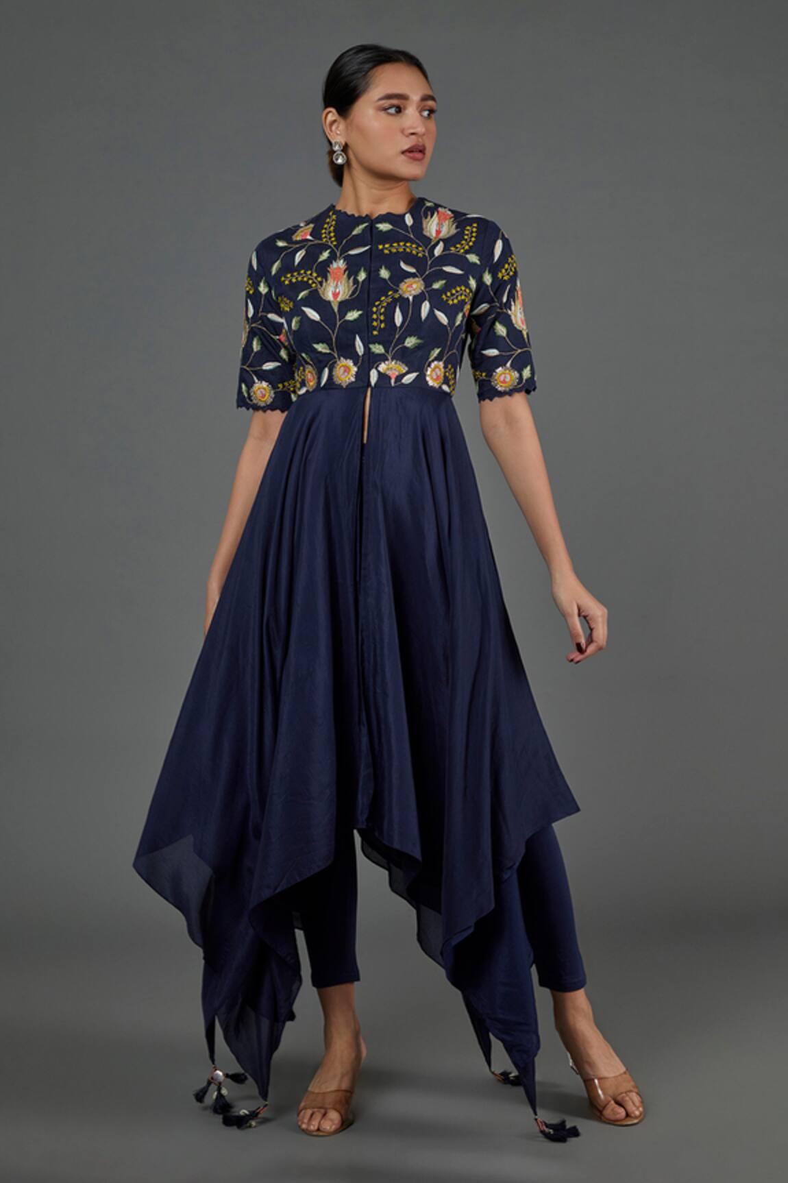 Blue Lotus Design Embroidered Asymmetric Kurta