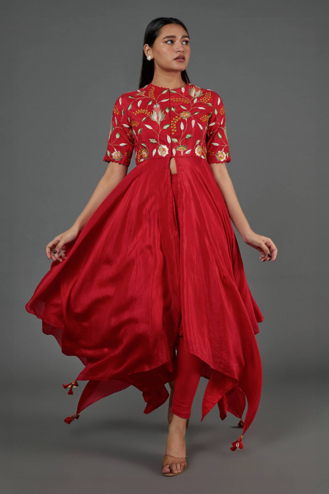 Blue Lotus Design Thread Embroidered Asymmetric Kurta