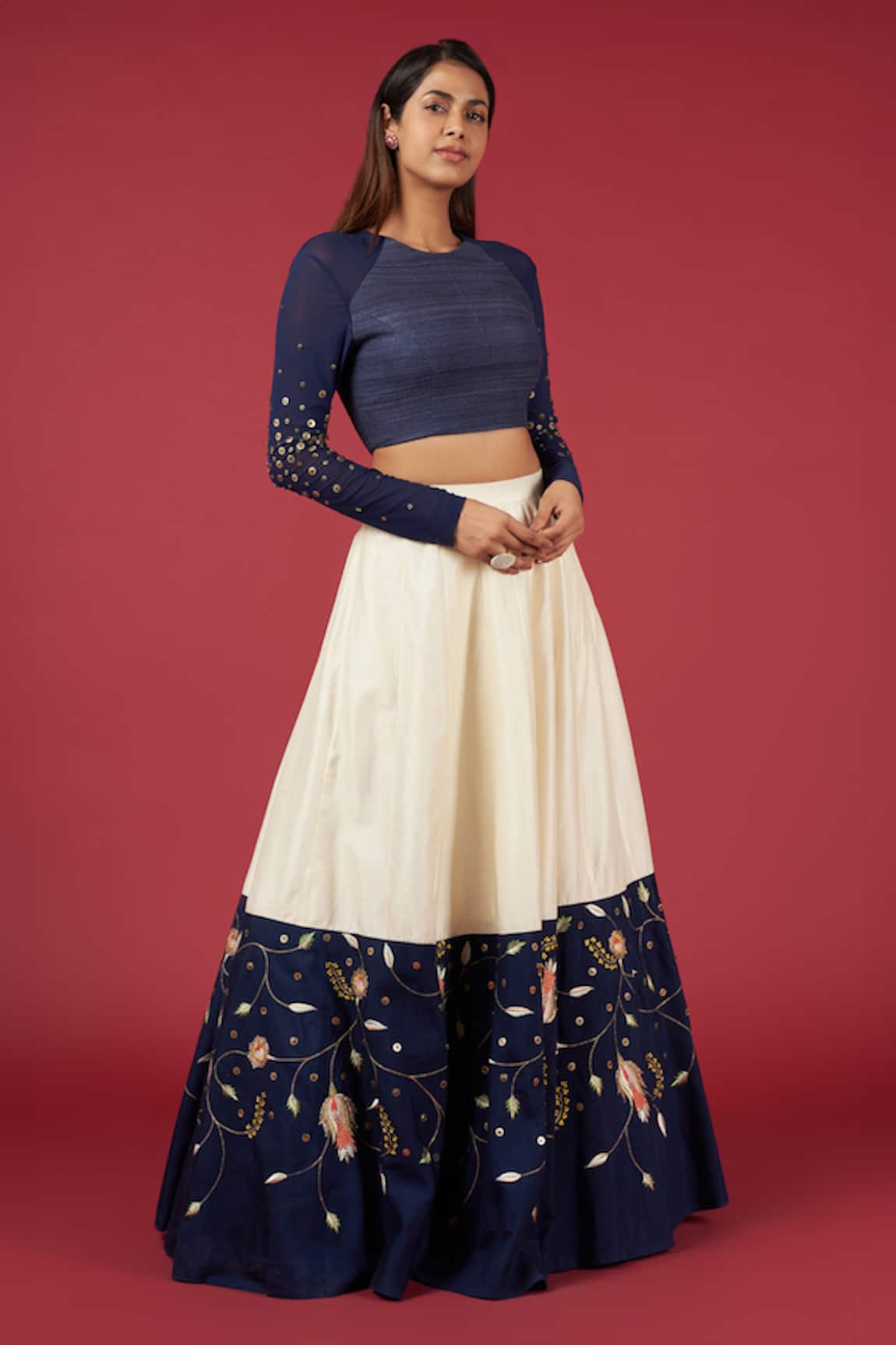 Blue Lotus Design Sequins Embroidered Blouse & Lehenga Set