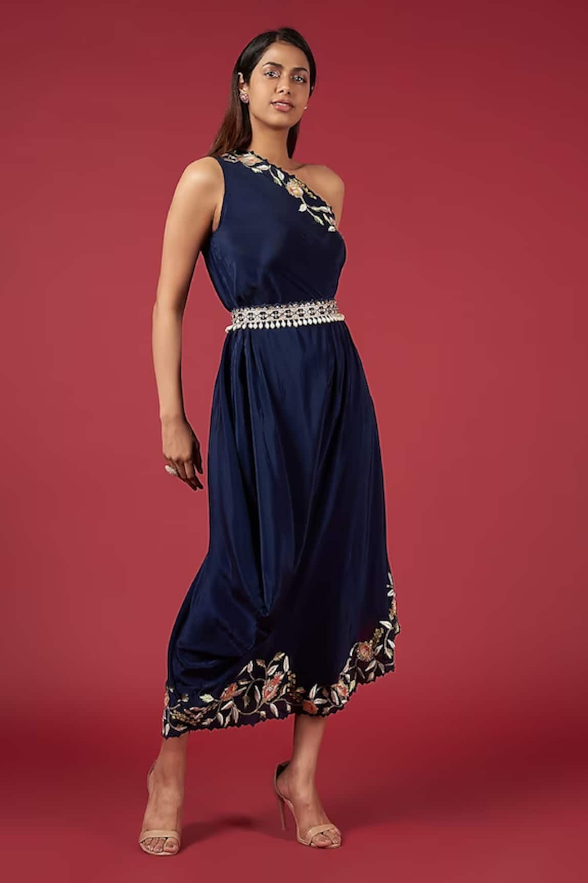 Blue Lotus Design Neck Embroidered One-Shoulder Dress 