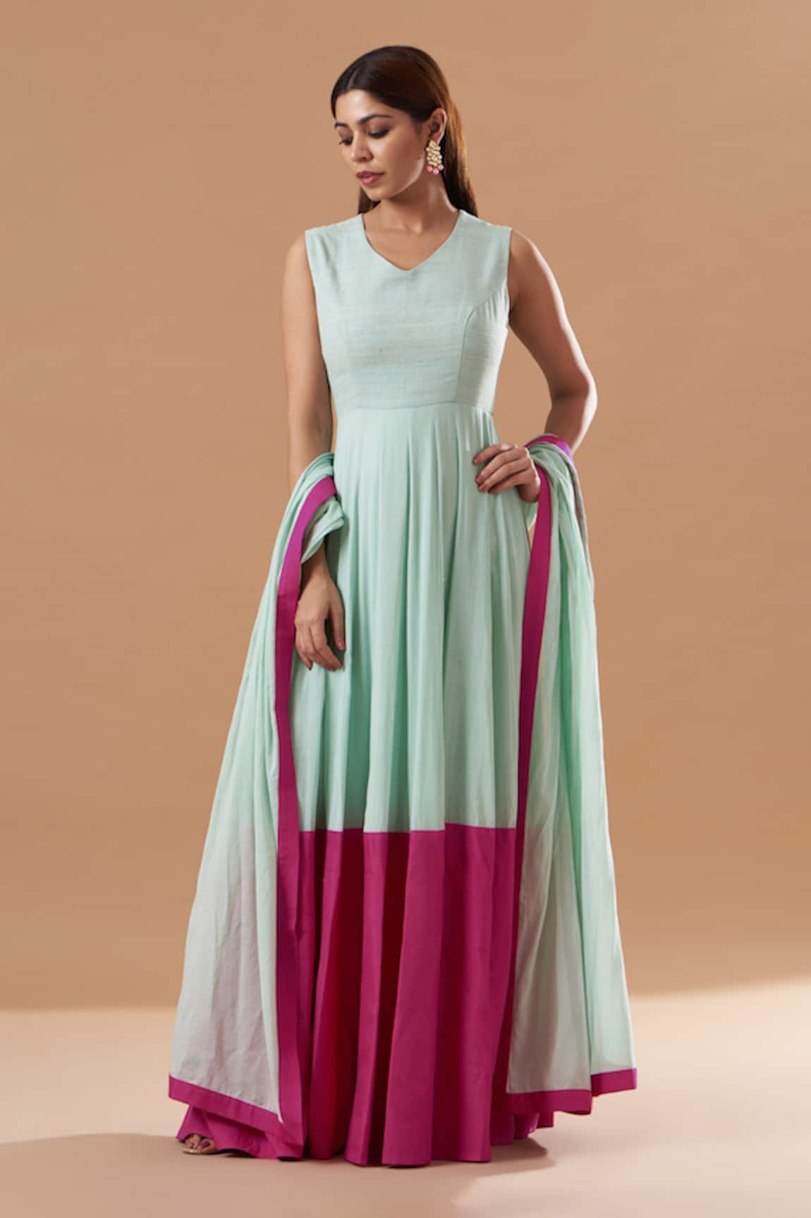 Blue Lotus Design Color Blocked Pattern Anarkali With Dupatta