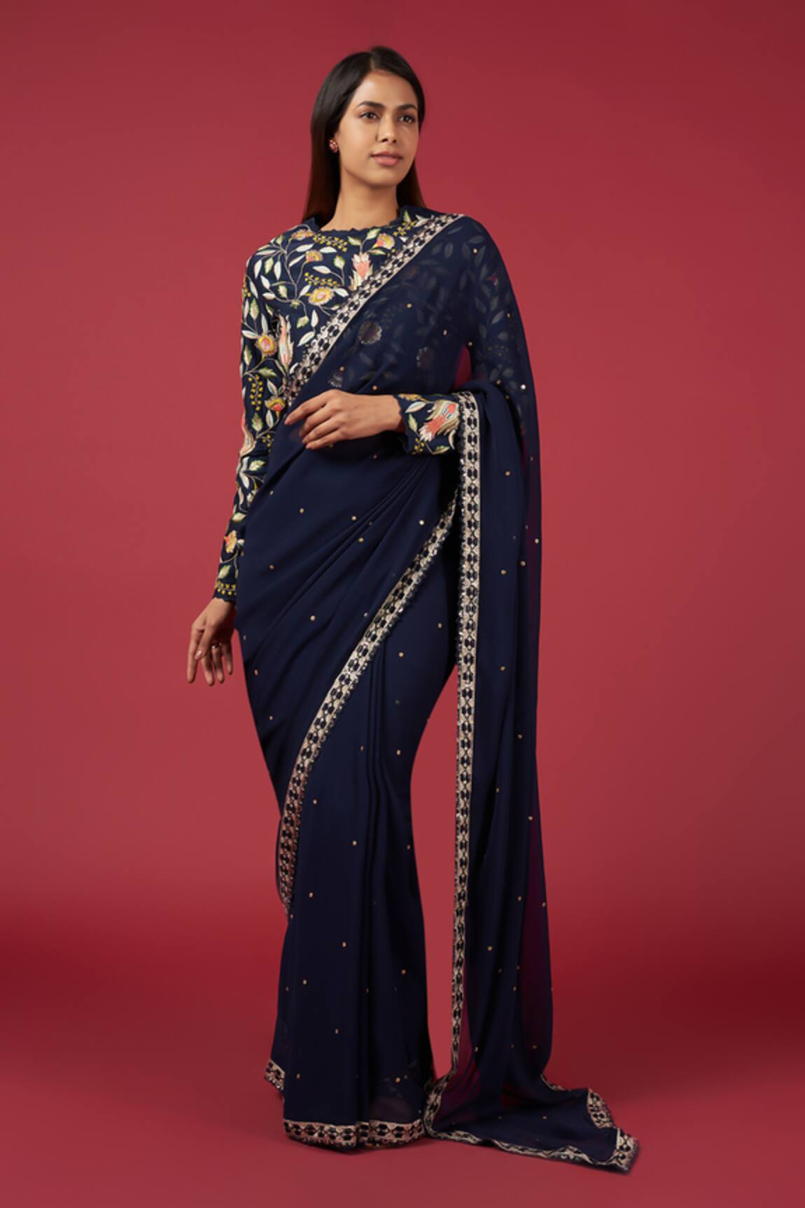 Blue Lotus Design Sequined Saree With Floral Embroidered Blouse
