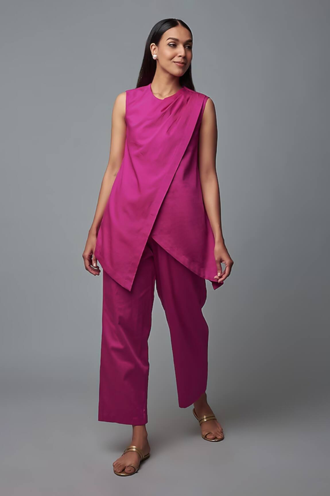 Blue Lotus Design Solid Overlap Kurta With Pant