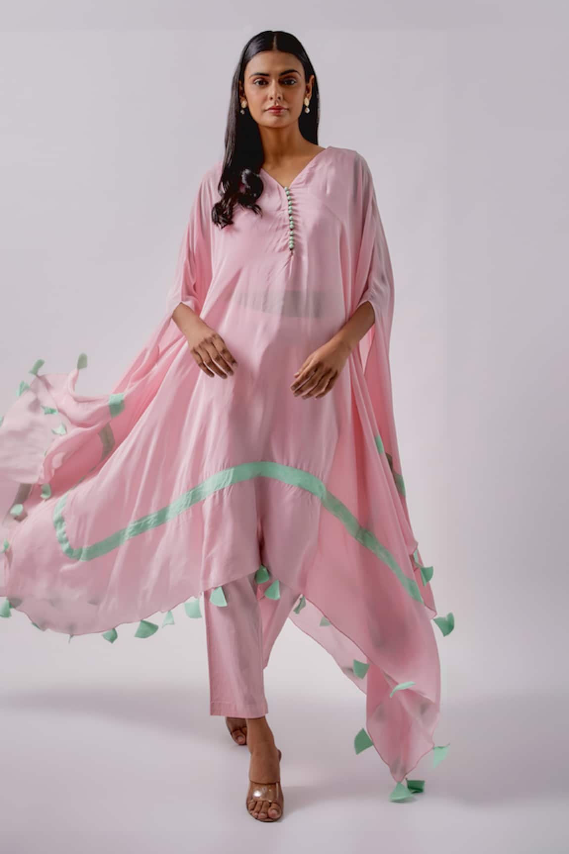 Blue Lotus Design Asymmetric Tasselled Kaftan With Pant