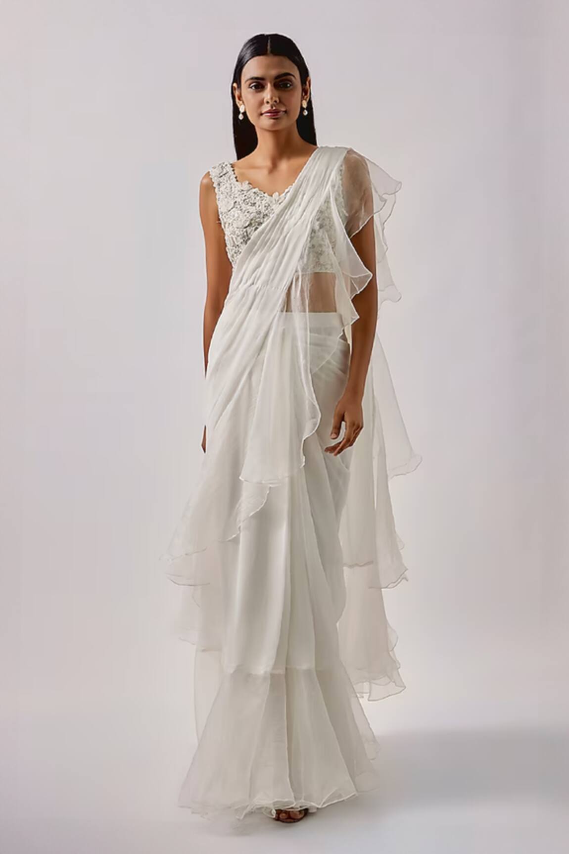 Blue Lotus Design Plain Pre Draped Ruffle Saree With Blouse