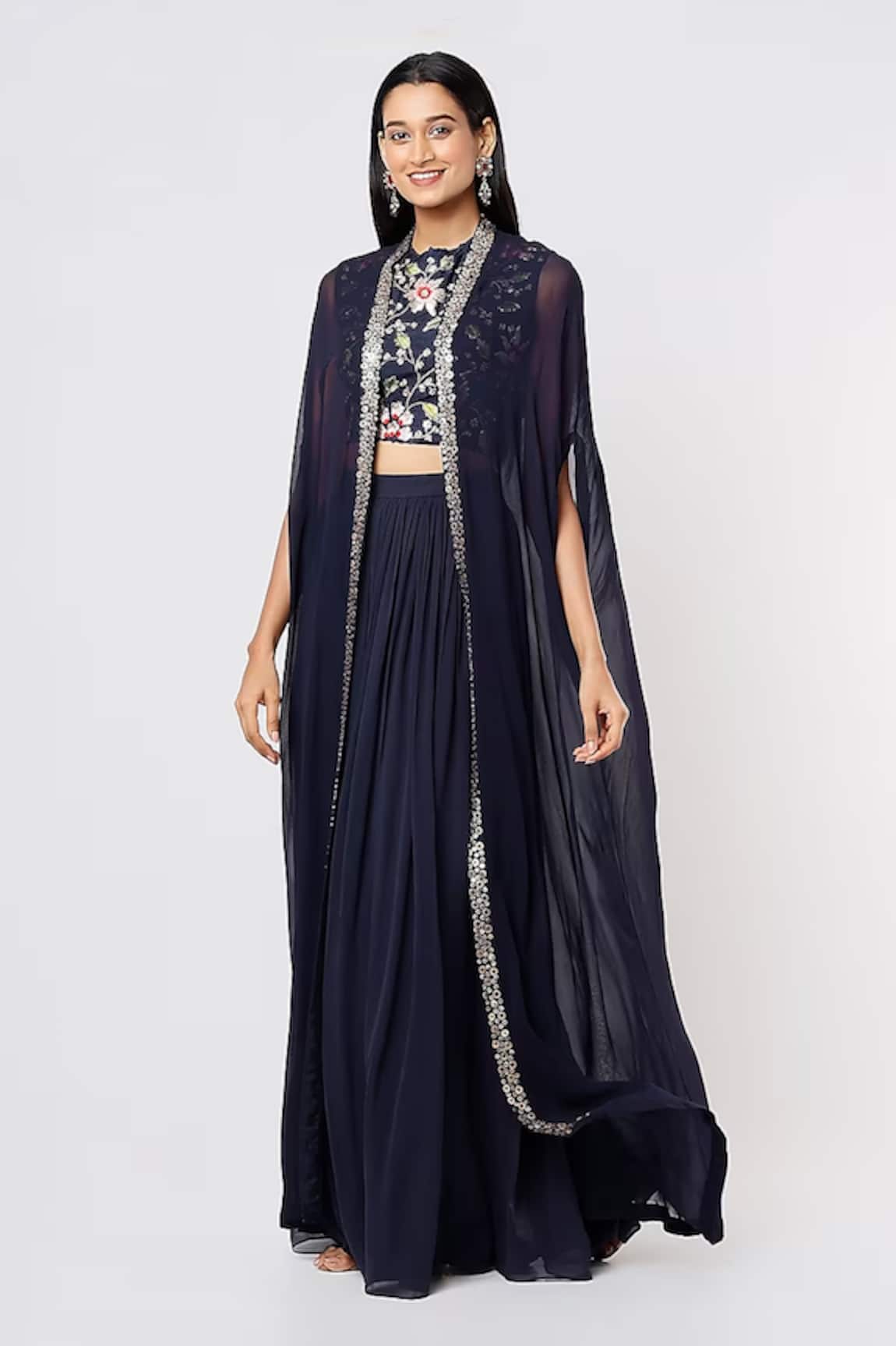 Blue Lotus Design Sequin Embellished Border Cape Pleated Flared Pant Set