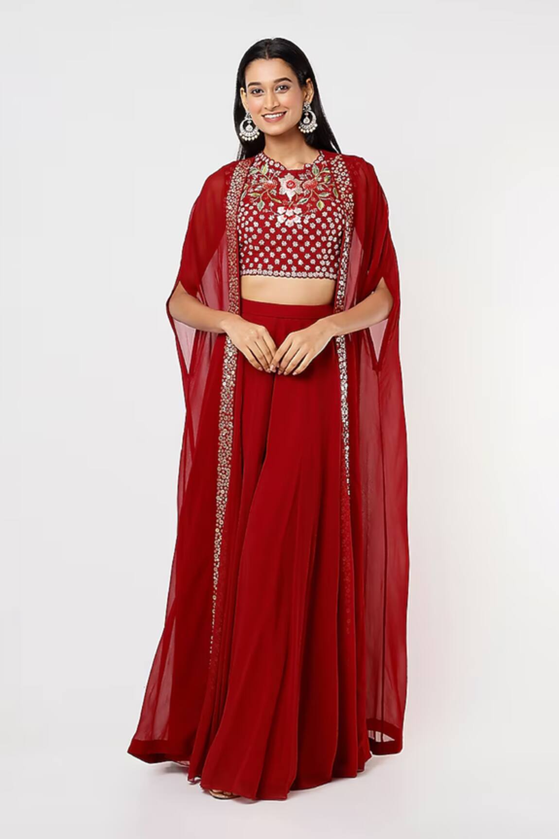 Blue Lotus Design Sequin Embellished Border Cape Palazzo Set