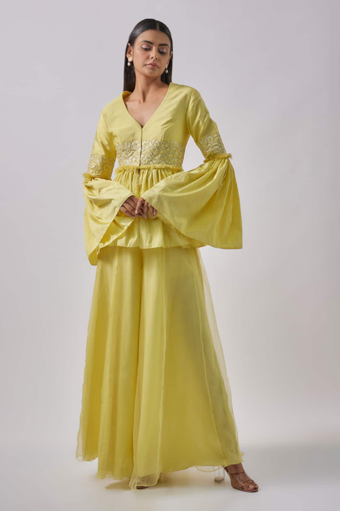 Blue Lotus Design Floral Embroidered Peplum Kurta With Flared Pant