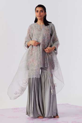 One Not Two Floral Embroidered Flared Kurta With Saharara 