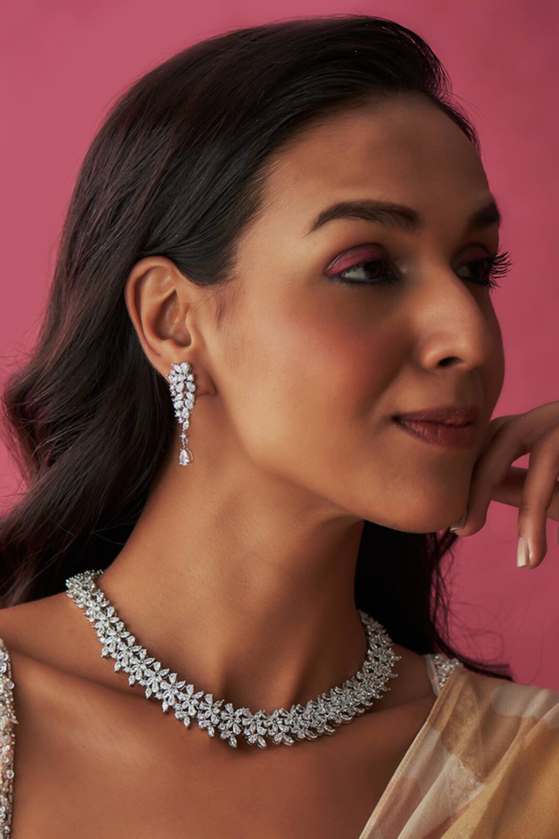 Prihan Luxury Jewelry Single Lined Cubic Zircon Necklace Set 