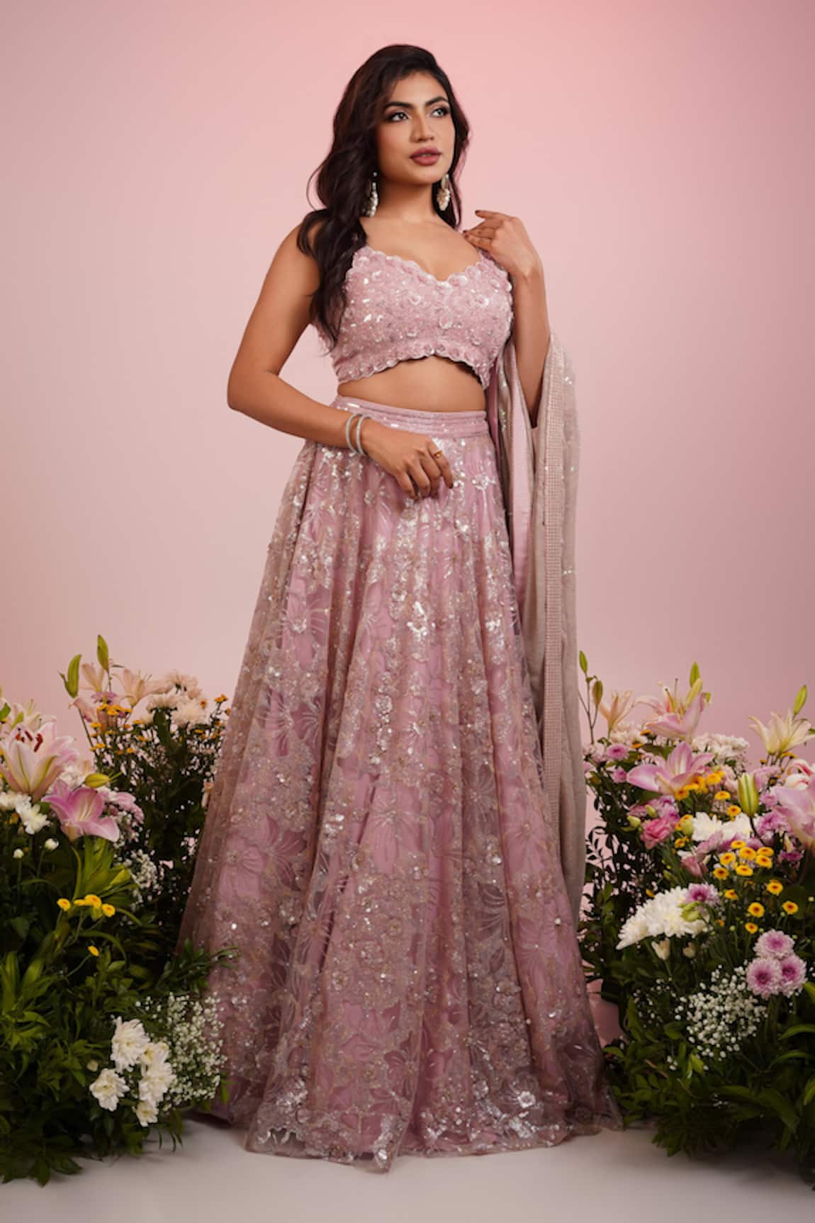 Label Priyanka Kar Sequin Hand Embroidered Lehenga Blouse Set