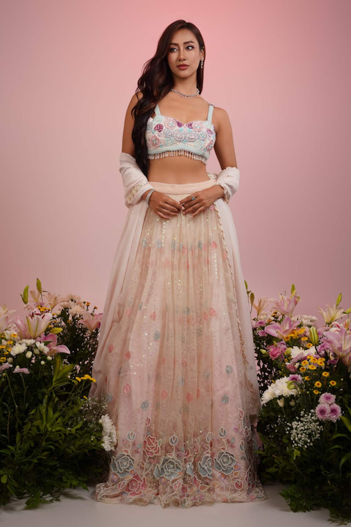 Label Priyanka Kar Rose Hand Embroidered Lehenga Set