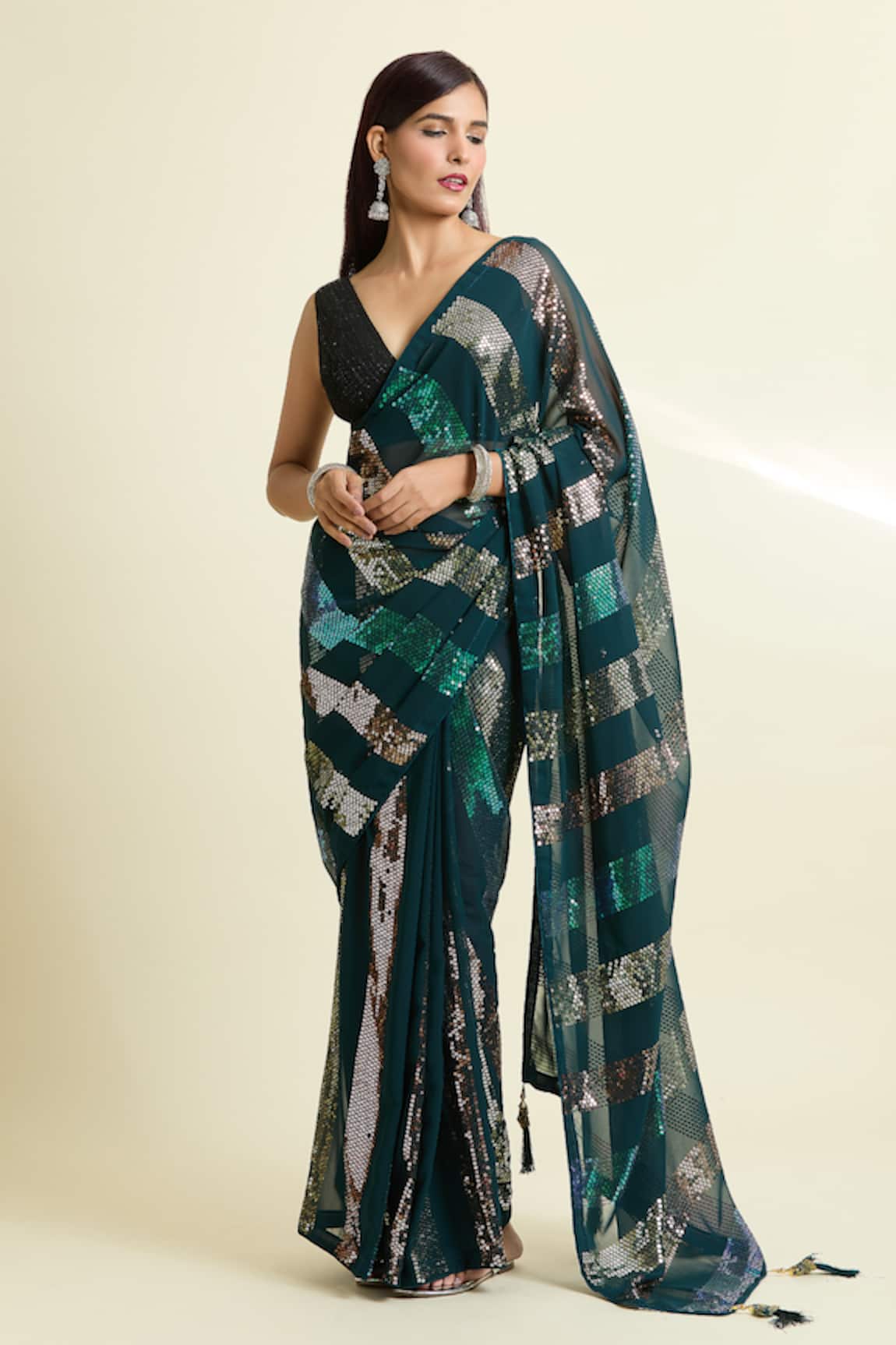 Naintara Bajaj Sequined Stripe Saree With Unstitched Blouse Piece 