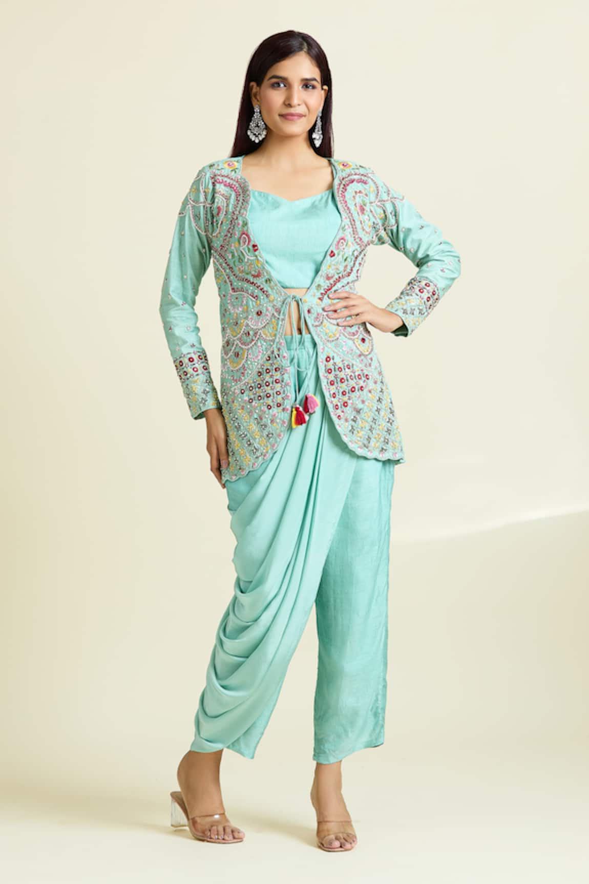 Khwaab by Sanjana Lakhani Floral Embroidered Scallop Jacket Pre-Draped Pant Saree Set