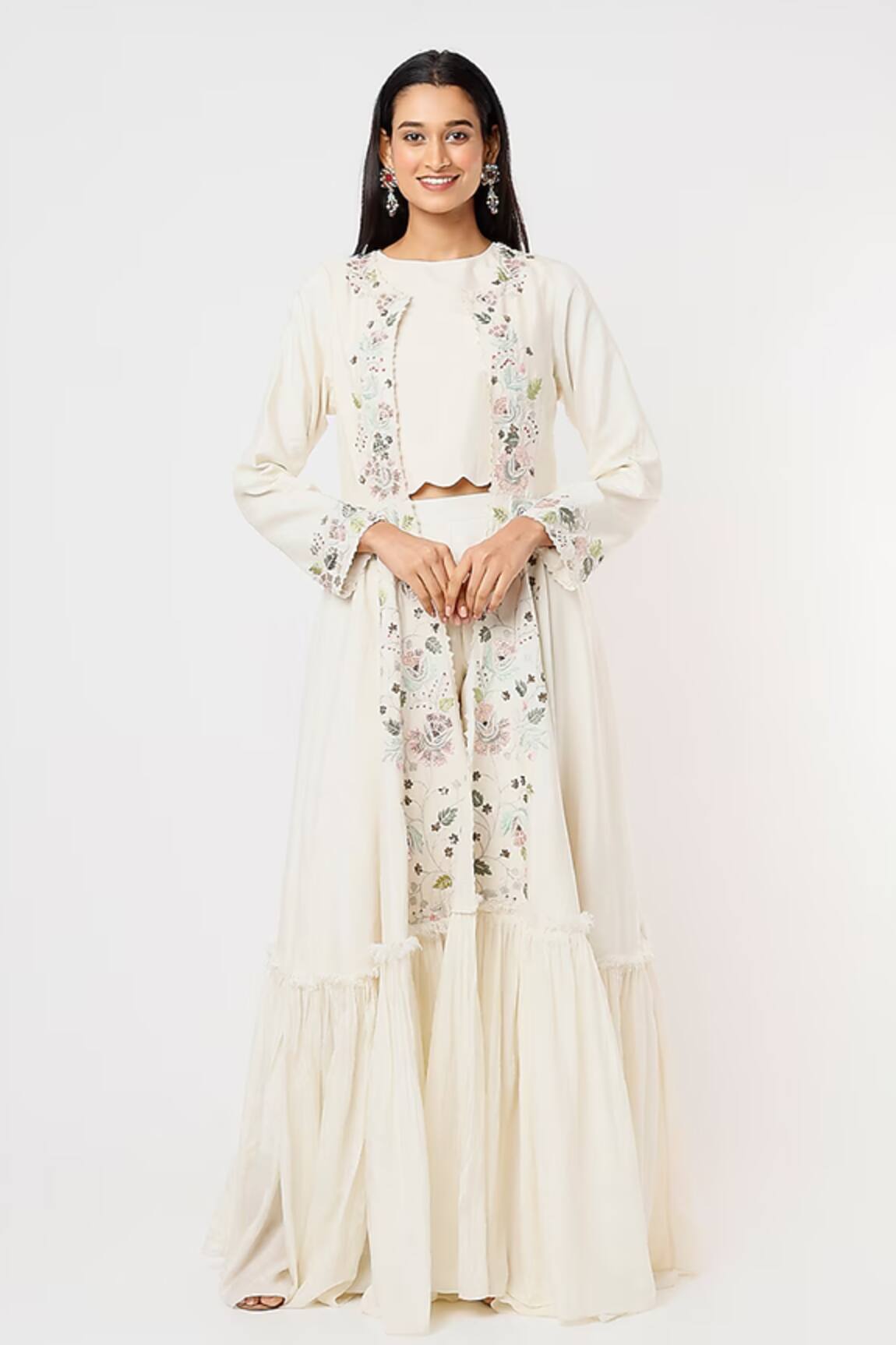 Blue Lotus Design Floral Embroidered Frilled Cape Pant Set