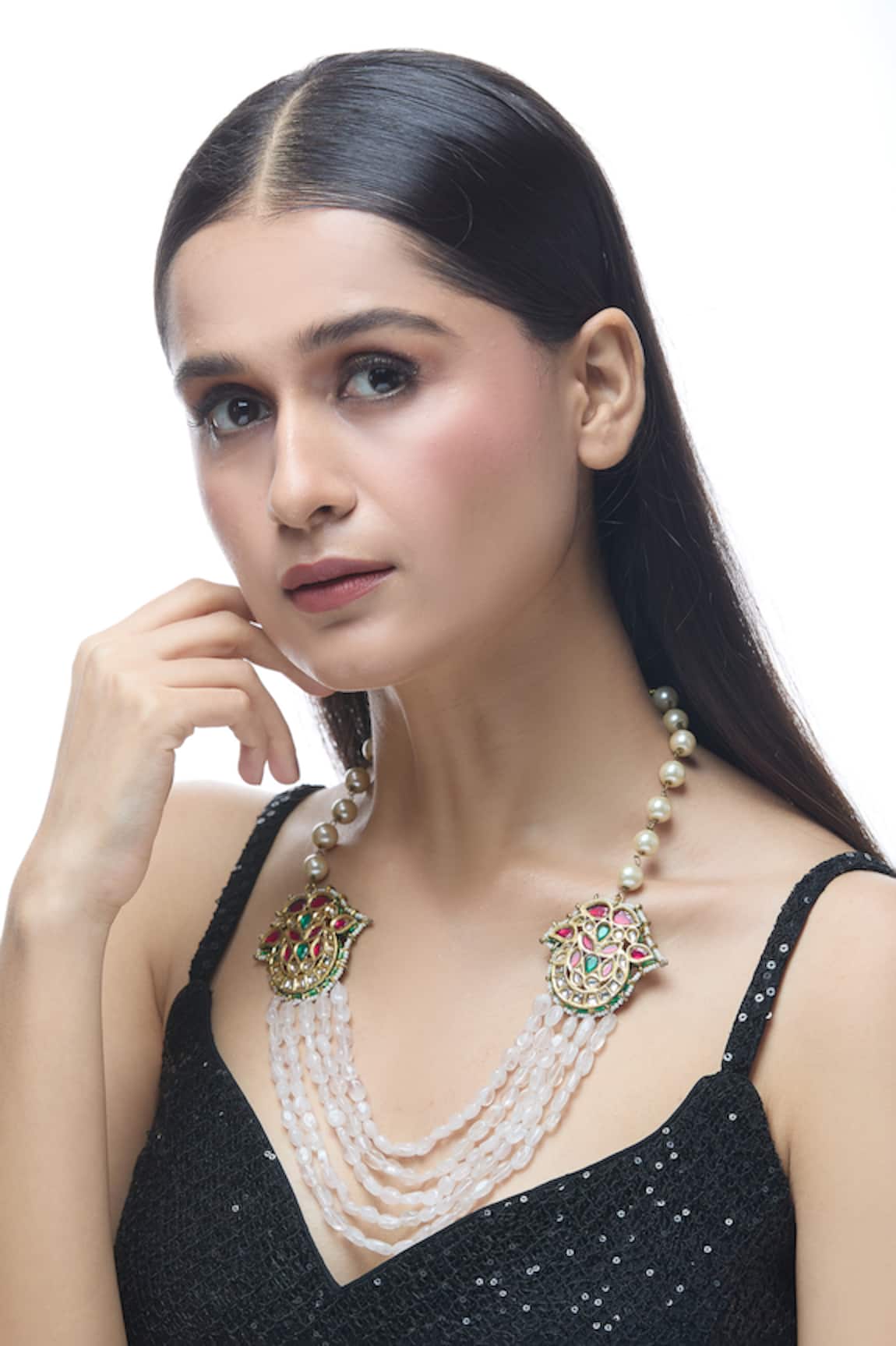 Just Shradhas Gold Toned Layered Necklace With Pearl & Stones 