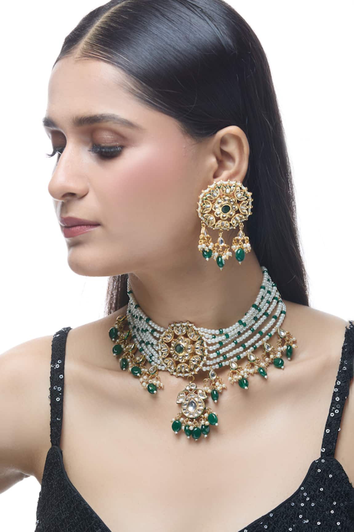 Just Shradhas Pearl Embellished Layered Pendant Necklace Set 