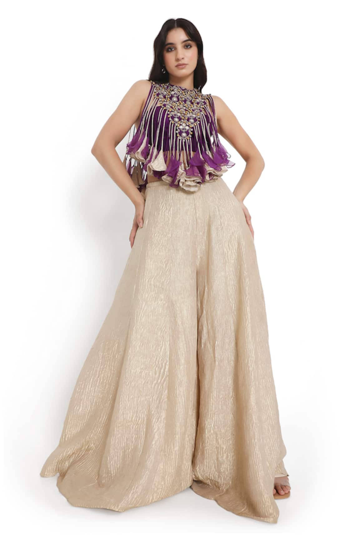 Payal Singhal Fall Lily Bloom Tassel Embellished Bib Jacket Sharara Set 