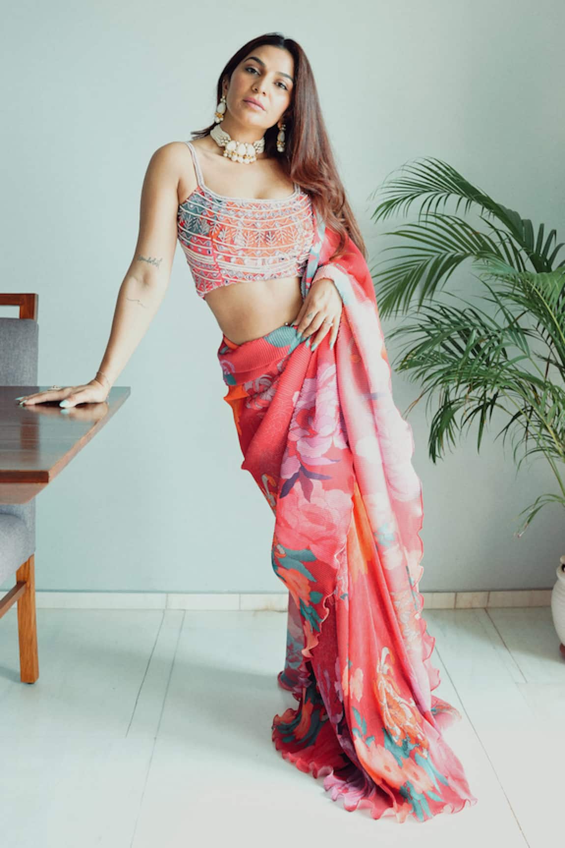 PREETI MEHTA Pleated Pre-Draped Printed Saree With Blouse