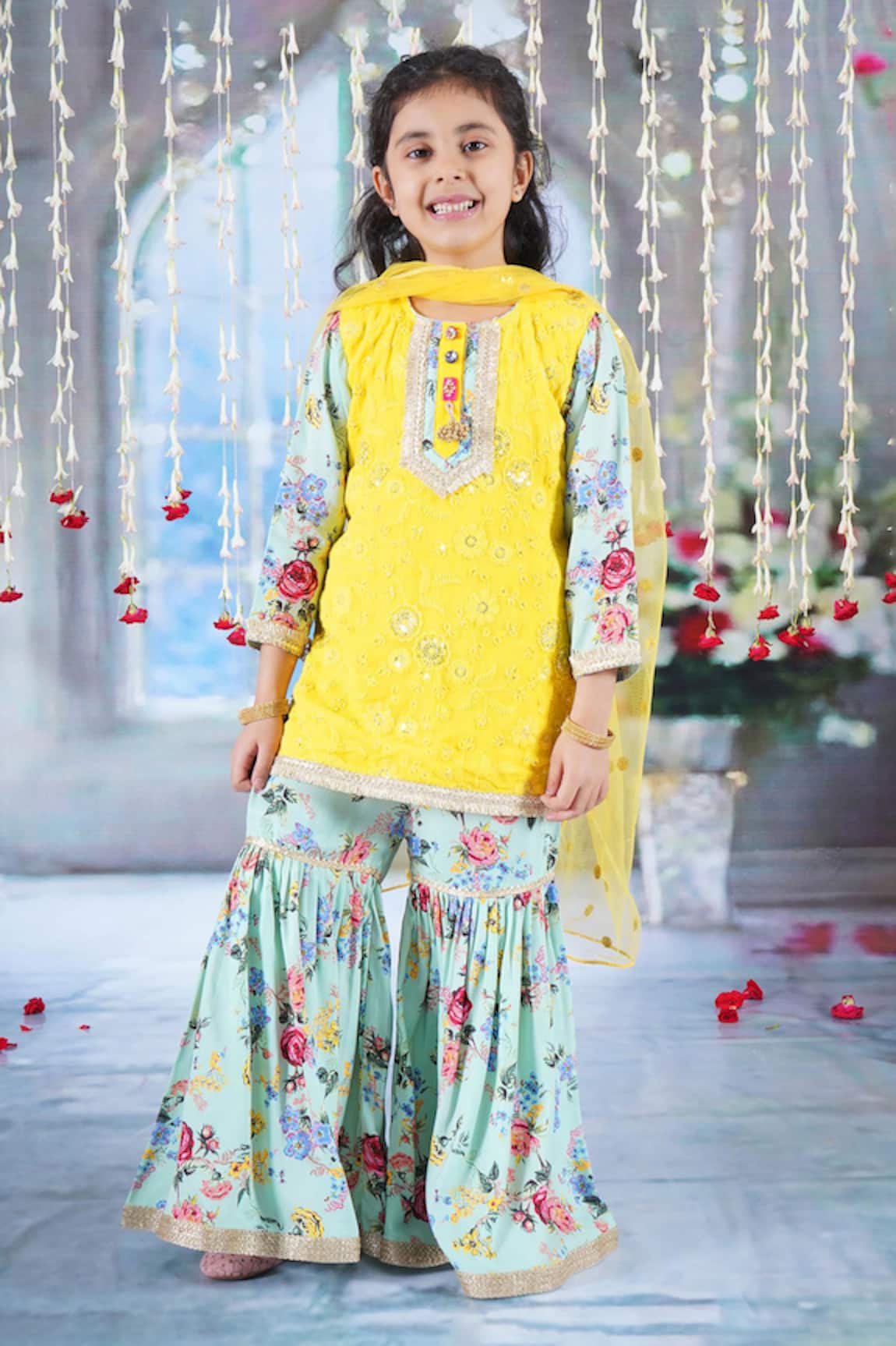 Little Bansi Floral Embroidered Kurta Sharara Set