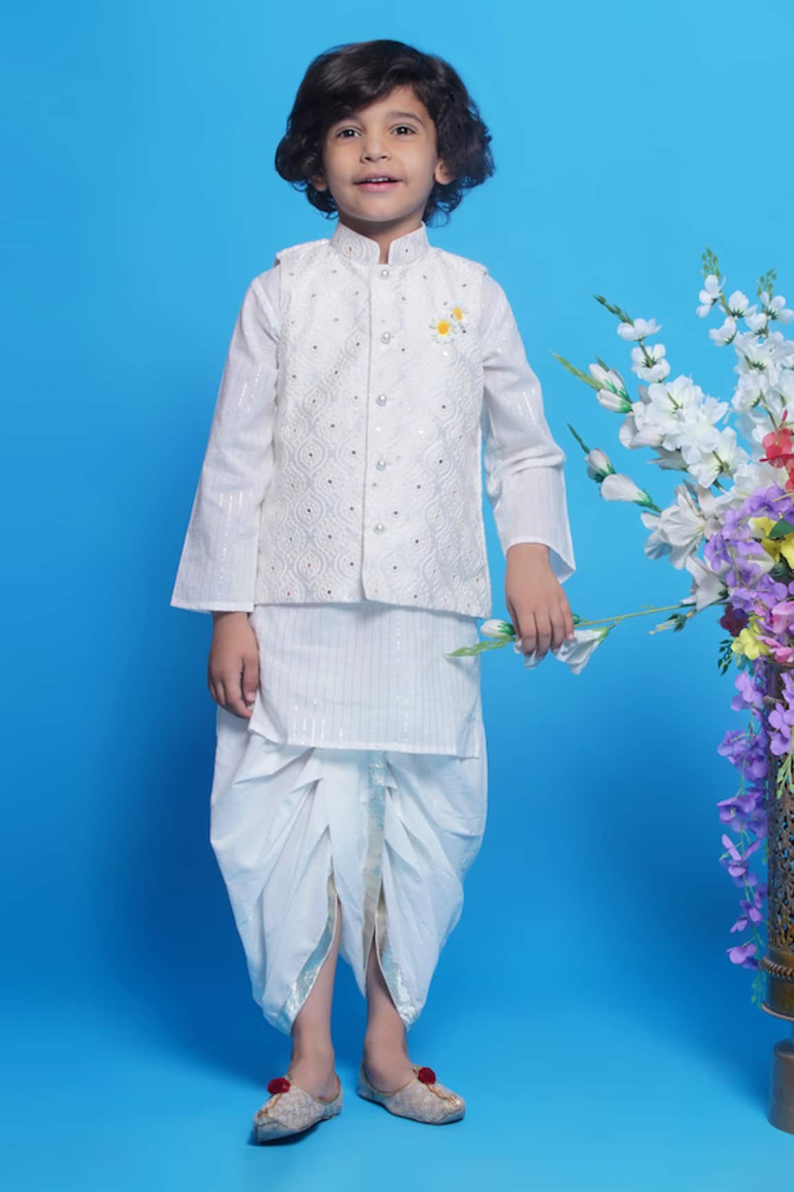 Little Bansi Floral Embroidered Nehru Jacket With Kurta Set