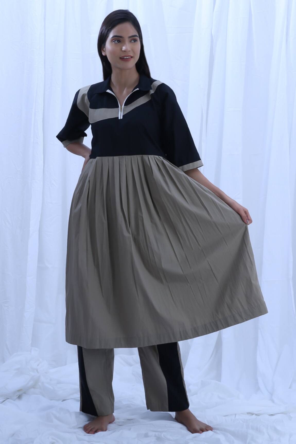 Khat Earthy Solid Pleated Kurta & Pant Set