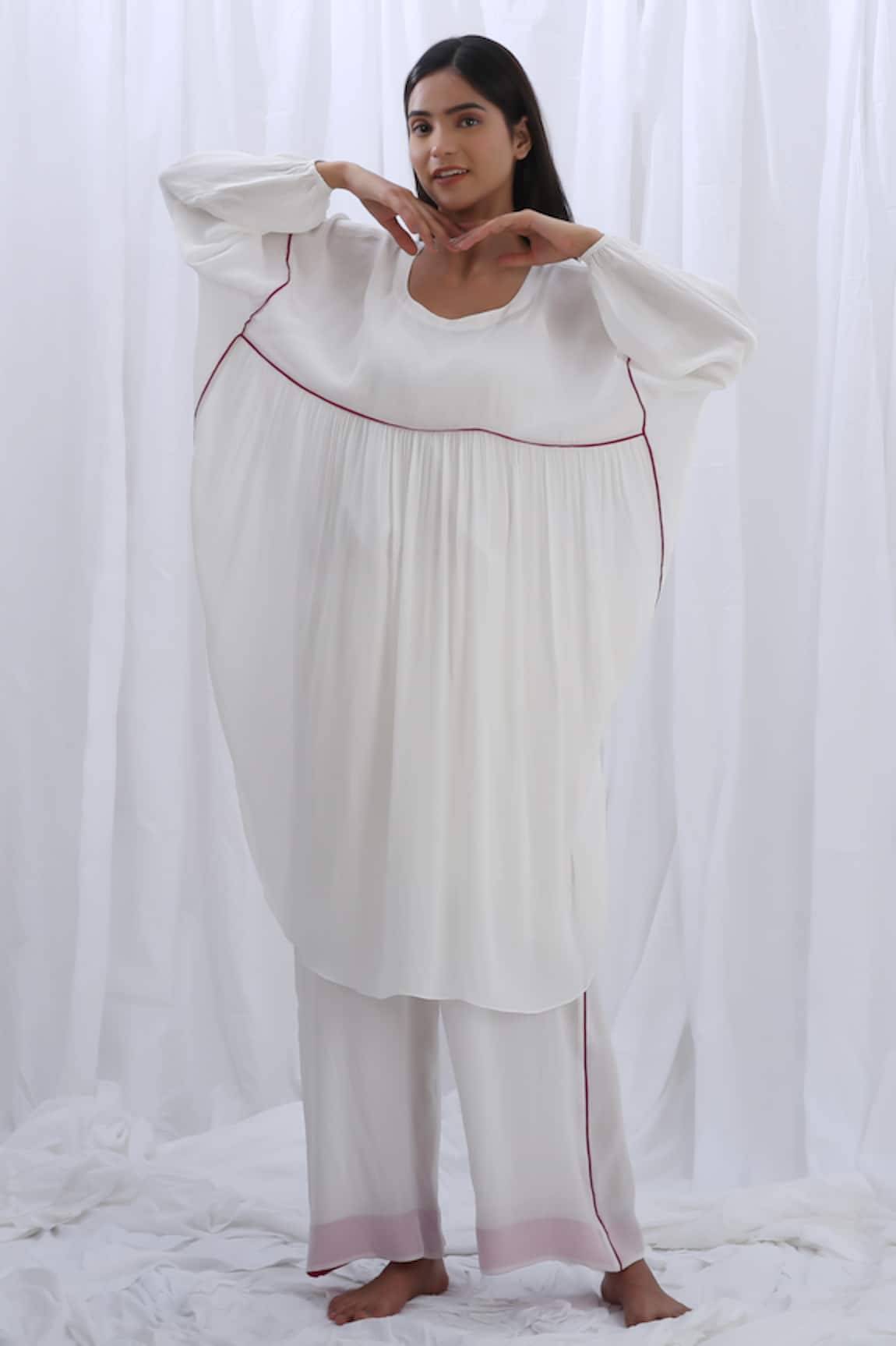 Khat White Gathered Kaftan & Pant Set 