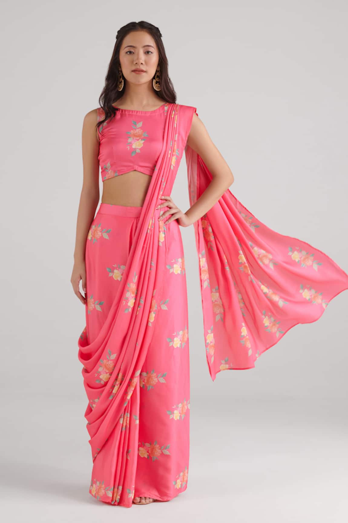 Pasha India Floral Pattern Pre-Draped Saree With Blouse