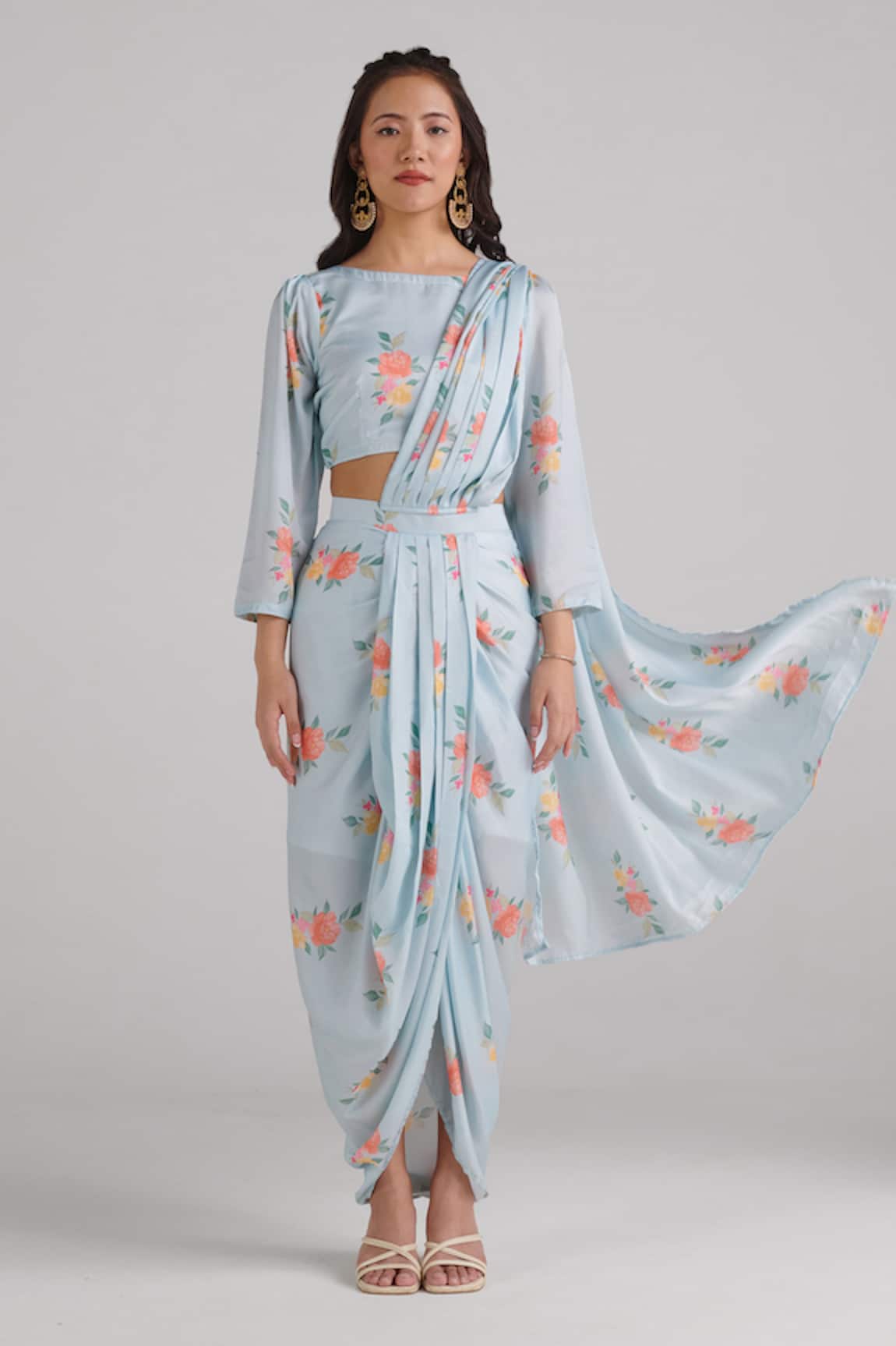 Pasha India Floral Pattern Lungi Pre-Draped Saree Set 