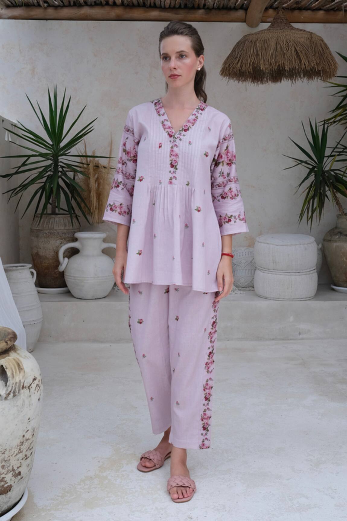 Roza Vintage Rose Print Short Tunic With Pant