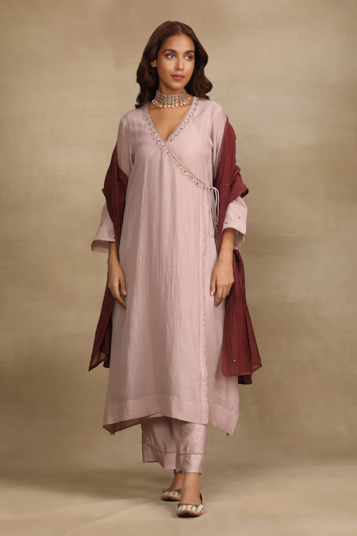 Trendy Tokari Placement Embroidered Angrakha Kurta Pant Set