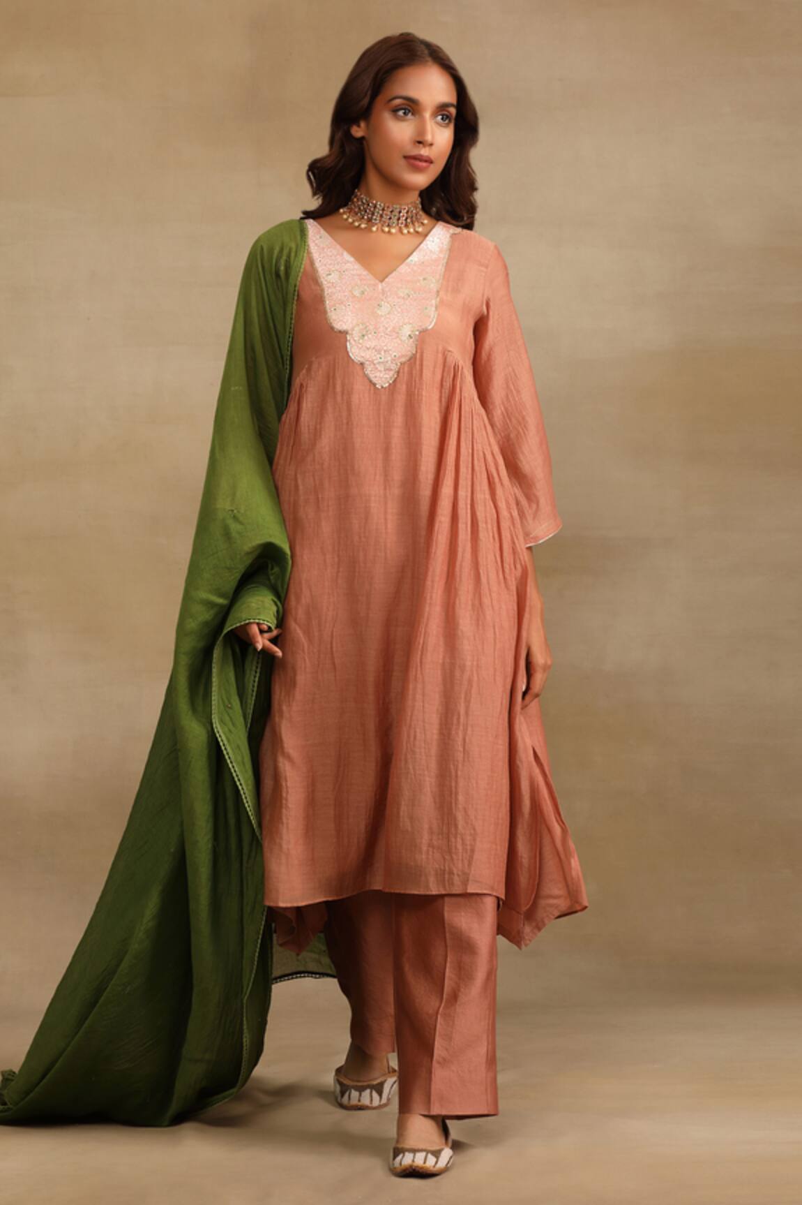 Trendy Tokari Flower Brocade Yoke Kurta Pant Set