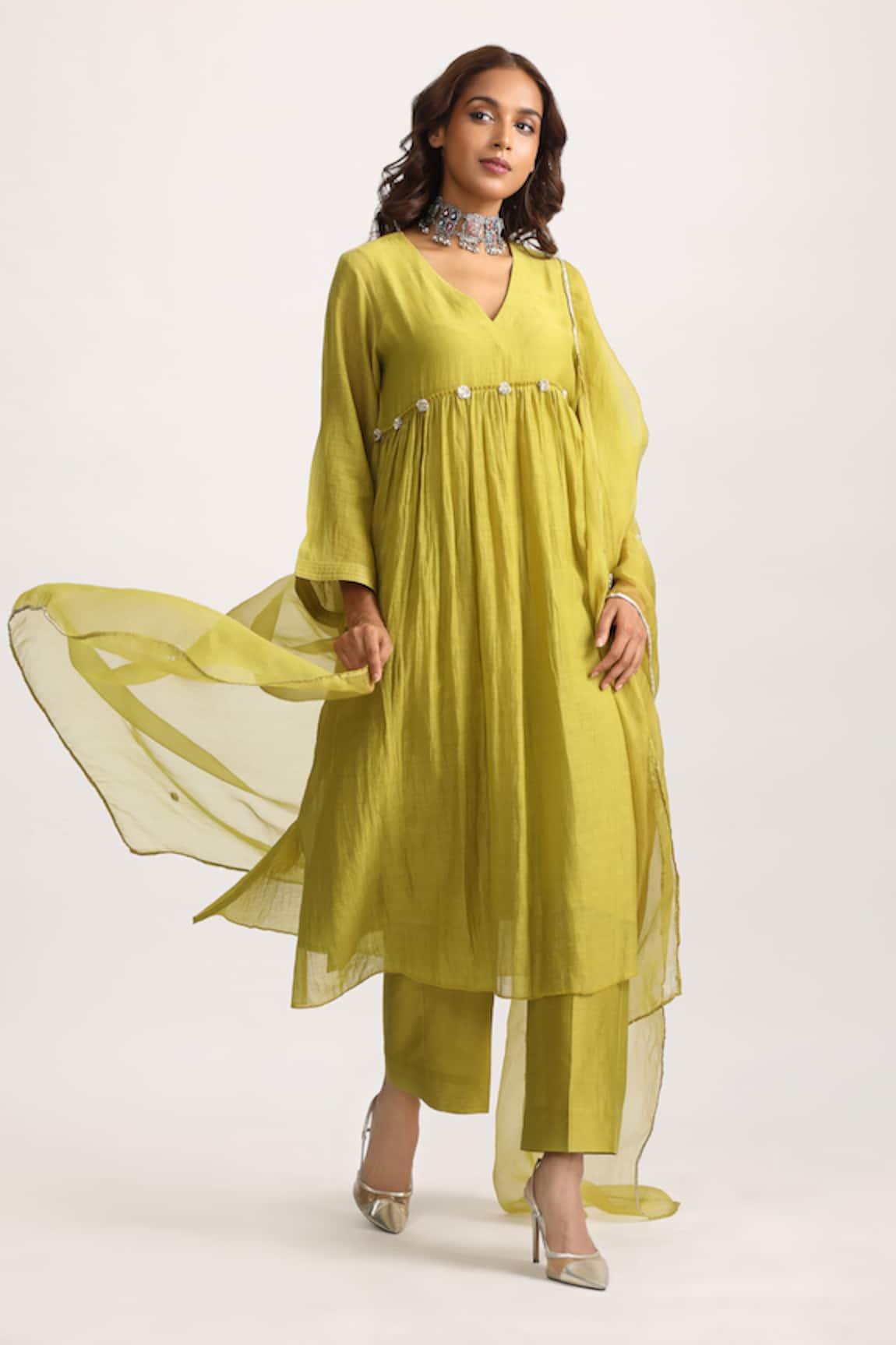 Trendy Tokari Silk Chanderi Gathered Kurta Pant Set