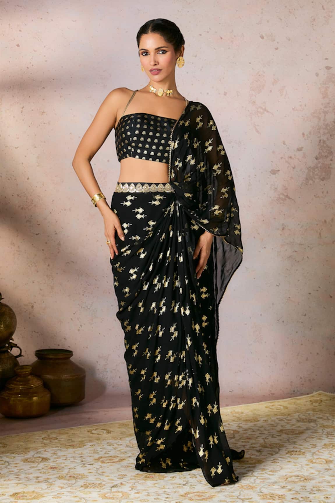 Masaba Whispering Lily Foil Print Pre-Stitched Saree With Blouse