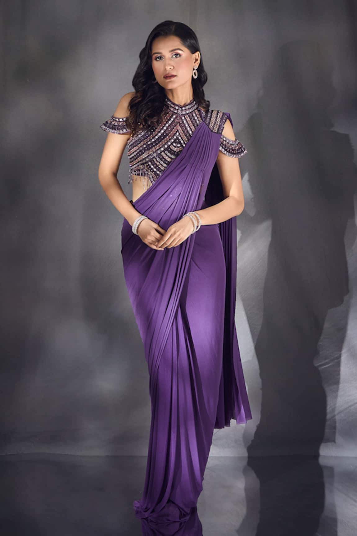 Aariyana Couture Pre-Draped Saree With Embroidered Blouse 