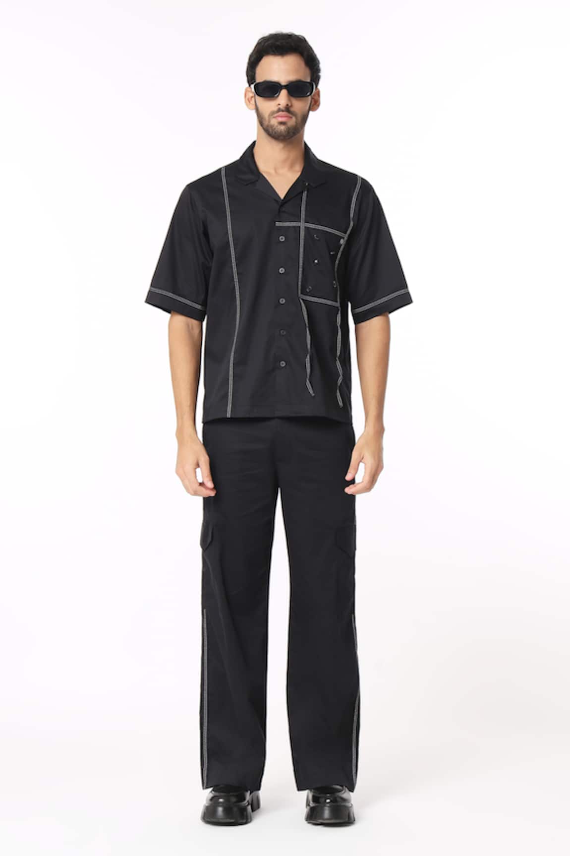 Dark Hour Half Sleeve Cotton Tape Detail Shirt & Pant Set