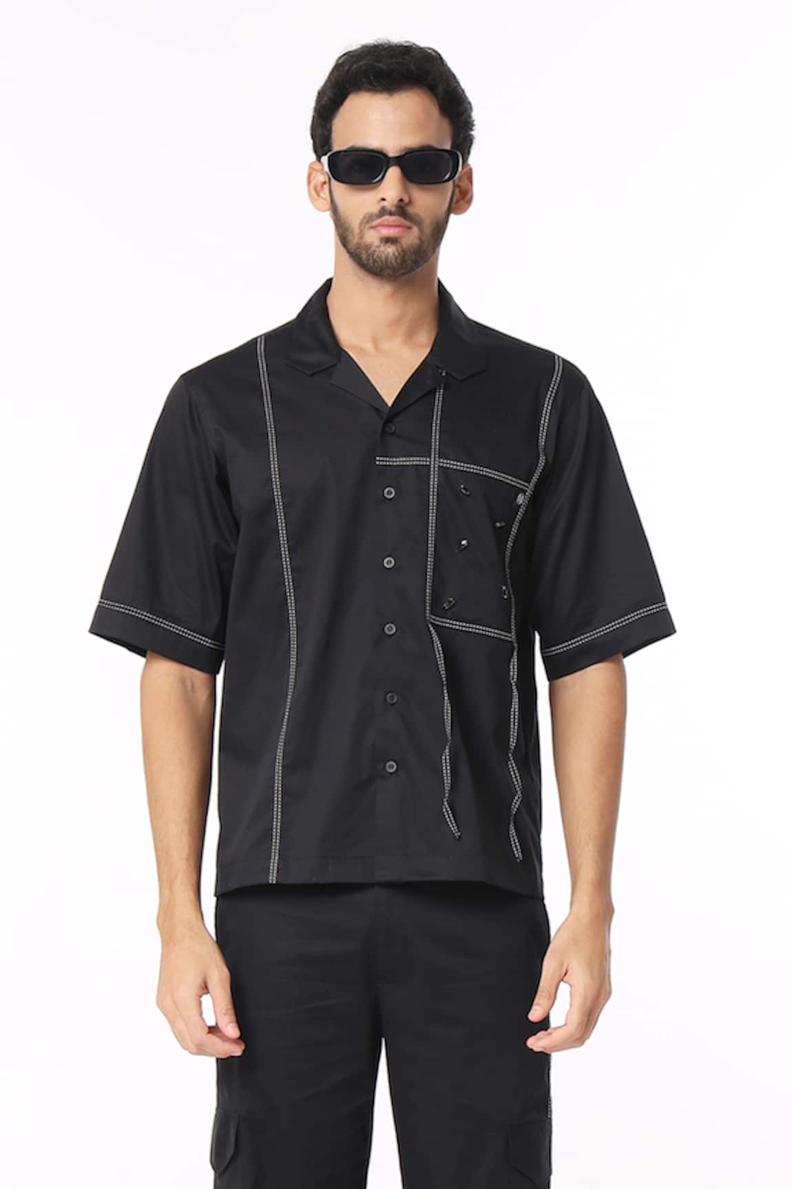 Dark Hour Stone Embellished Cotton Tape Detail Shirt