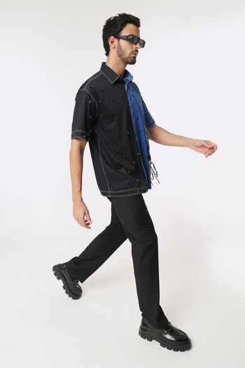 Buy Black Cotton Satin Colorblocked Stone Embellished Shirt For