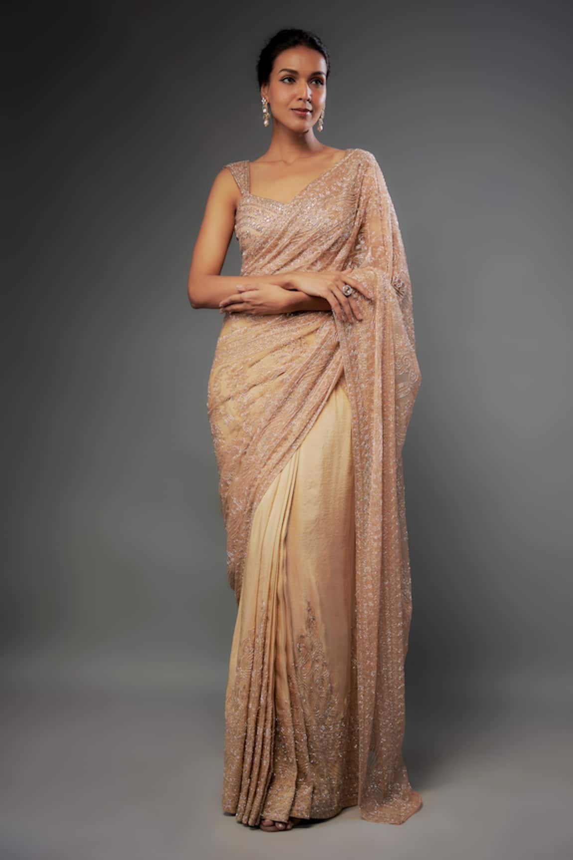 Fatiz Hand Embroidered Pre-Draped Saree With Blouse 