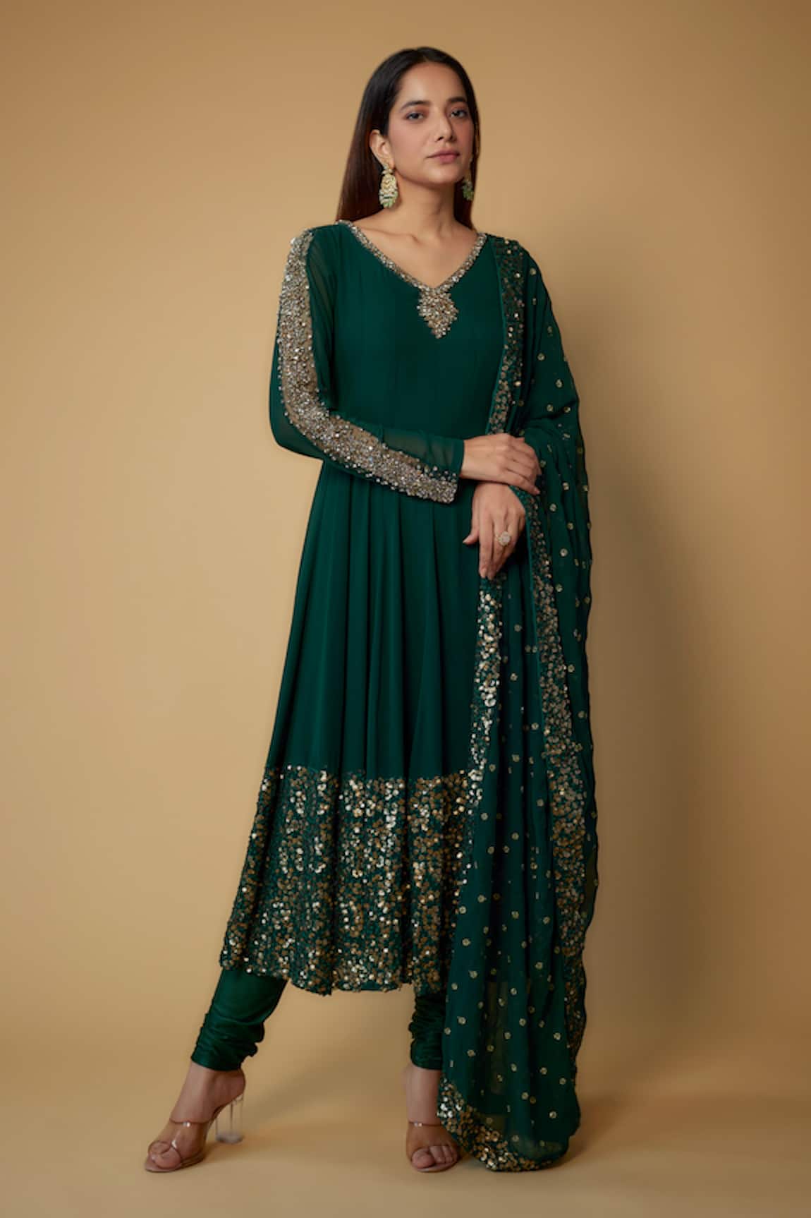 FATIZ Placement Crystal Embellished Anarkali Pant Set 